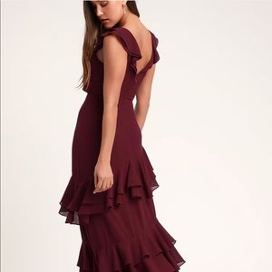 Lulu’s Majesty Burgundy Ruffled Maxi Dress